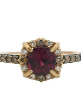 LeVian 14kt Yellow Gold Rhodolite Garnet Brown White Diamond Halo Cocktail Ring